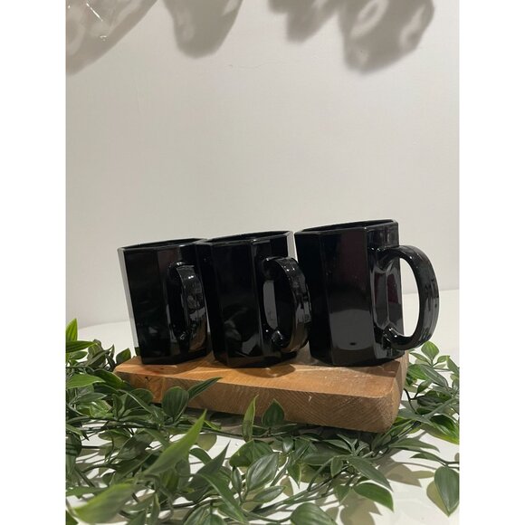 3 Mid Century Style Black Glass Octagon Coffee Mugs Cups ARCOROC France OCTIME - Picture 2 of 14